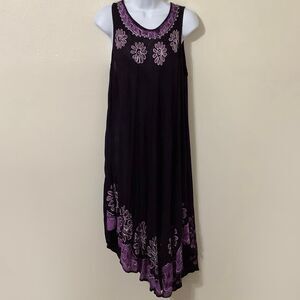 Purple Hippie Whimsygoth Bohemian Dark Fairy Witchy Embroidered Midi Dress OS